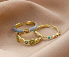 3pcs Colorful Enamel Flower & Rhinestone Ring Set