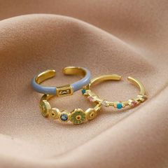 3pcs Colorful Enamel Flower & Rhinestone Ring Set