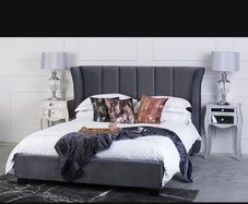 Grey velvet bed frame like new with matching curtains