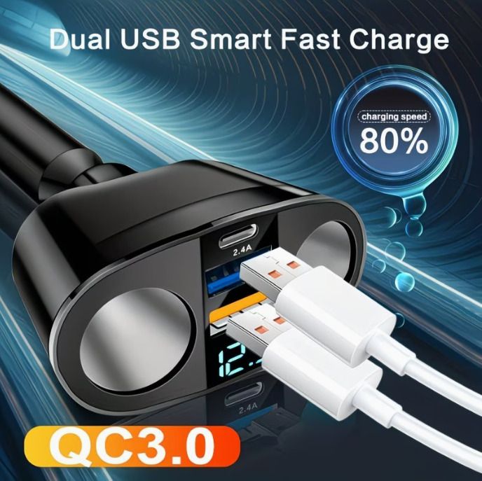 Car Cigarette Lighter Adapter, USB + Type-C Car Phone Charger Adapter,