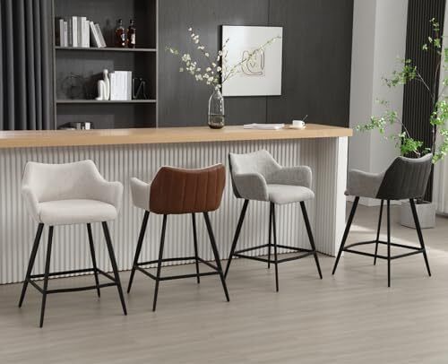 Modern Bar Stools Set of 2 Counter Stools PU Leather + Linen Fabric Spliced High Bar Stools for Breakfast with Metal Legs