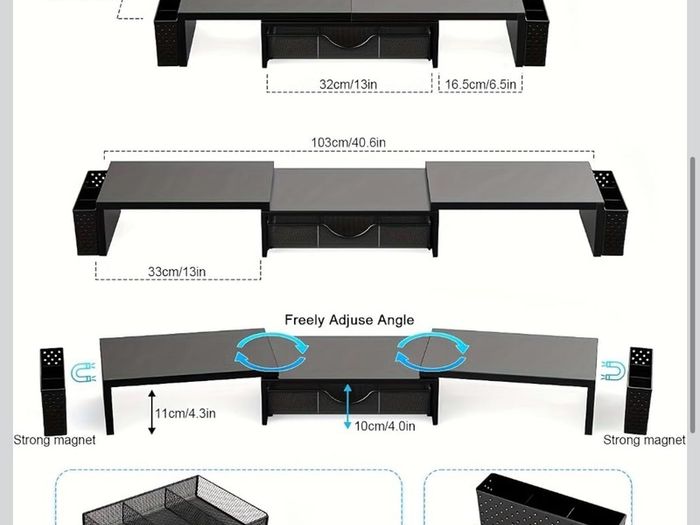 Dual Monitor Stand Riser, Metal Monitor Desk Accessories with Drawer and 2 Pen Holder, Adjustable Length and Angle - Computer Monitor Stand for Screen, Computer, Printer (Metal Black)