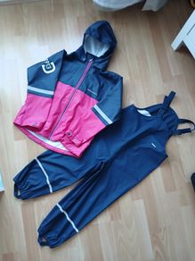 Waterproof trousers and raincoat dark pink with dark blur 7 to 8 years up to 130cm