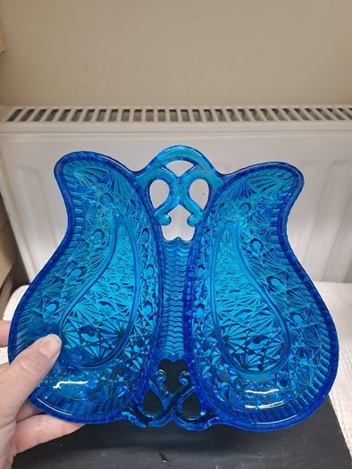 Vintage Turquoise Pressed Glass Twin Serving Dish