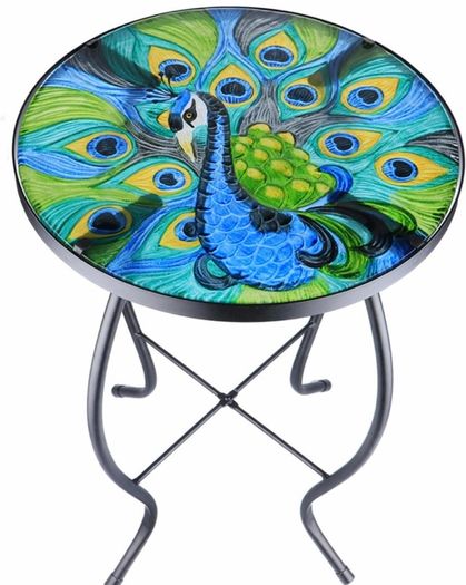 Patio Side Tables Outdoor, 14" Mosaic Patio Accent Round Glass (MULTIPLE DESIGNS, SEE PHOTOS)