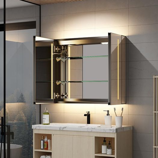 Bathroom Mirror Cabinet with LED Lights, Anti-Fog, Colour Changing & Touch Sensor, Aluminium Double Door, 650x600mm Dimmable, Shaver Socket
