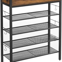 Shoe rack, 4 grid shelves, for 14 pairs of shoes, raised side edges, for sneakers, high heels, slippers, industrial style, vintage-brown-black