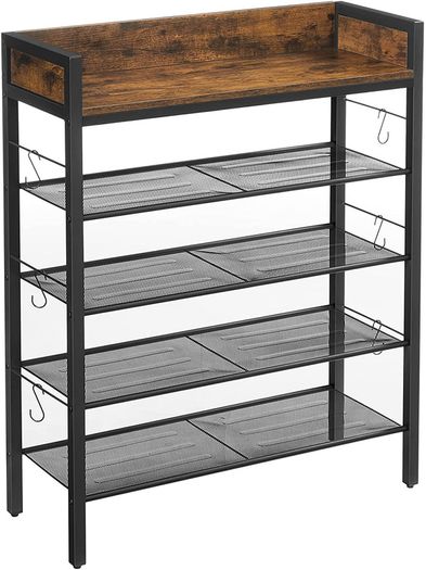 Shoe rack, 4 grid shelves, for 14 pairs of shoes, raised side edges, for sneakers, high heels, slippers, industrial style, vintage-brown-black