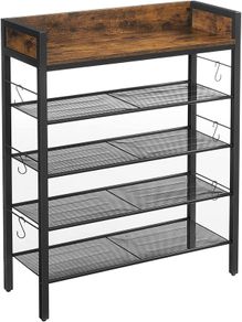 Shoe rack, 4 grid shelves, for 14 pairs of shoes, raised side edges, for sneakers, high heels, slippers, industrial style, vintage-brown-black