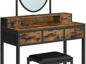 Dressing Table, Dressing Table with Stool, Cosmetic Table with Oval Mirror and Open Compartment, Drawers, Industrial Design, for Bedroom, Dressing Room, Vintage Brown/Black