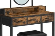 Dressing Table, Dressing Table with Stool, Cosmetic Table with Oval Mirror and Open Compartment, Drawers, Industrial Design, for Bedroom, Dressing Room, Vintage Brown/Black