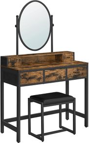 Dressing Table, Dressing Table with Stool, Cosmetic Table with Oval Mirror and Open Compartment, Drawers, Industrial Design, for Bedroom, Dressing Room, Vintage Brown/Black