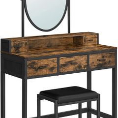 Dressing Table, Dressing Table with Stool, Cosmetic Table with Oval Mirror and Open Compartment, Drawers, Industrial Design, for Bedroom, Dressing Room, Vintage Brown/Black