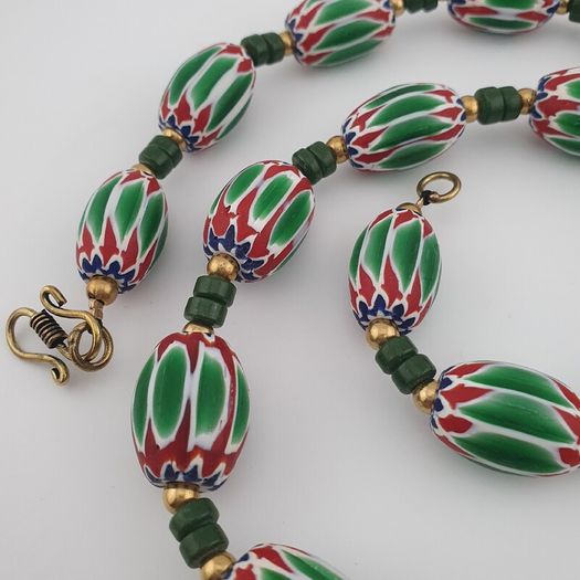 Antique Venetian Style Green Chevron Glass Beads Necklace