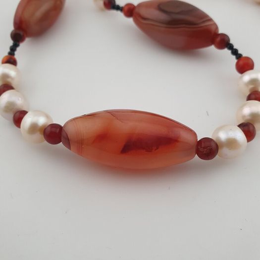 Vintage African Carnelian & Fresh Water Authentic Pearl Necklace