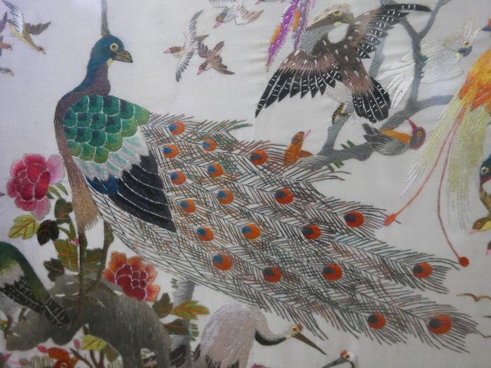 Antique Early 20c Chinese Silk Embroidery Birds Panel Framed - 23"x14"
