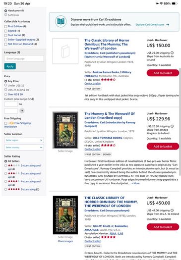 First edition hardback  The Mummy and The Werewolf of London Classic Library of Horror Omnibus Carl Dreadstone