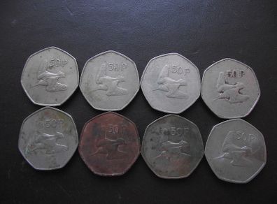 8 Irish Coins@50 Pence (1970-1996)