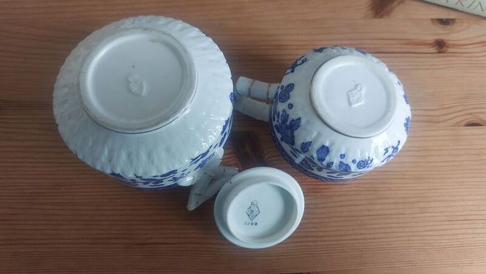 Exquisite Rare Beautifully Shaped and Patterned Blue & White Antique Milk Creamer and Matching Lidded Sugar Bowl by Edwin James Drew Bodley, in the Worchester Pattern Registered 1876, Circa 1875 - 1892
