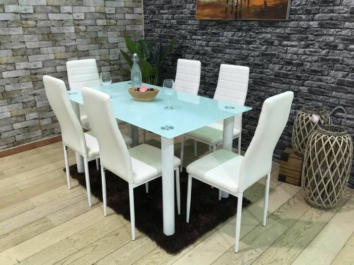 Modern Glass Dining Table Set Seats 6, White