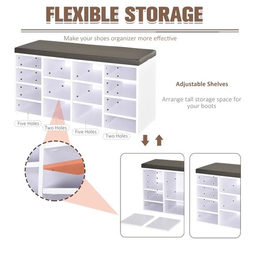 Multi-Storage Shoe Rack w/ 14 Compartments Cushion Moving Shelves Solid Frame Foot Pads Home Office Tidy Organisation Boots Trainers White