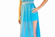 Aqua beaded high-low chiffon strapless y2k dress