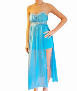 Aqua beaded high-low chiffon strapless y2k dress