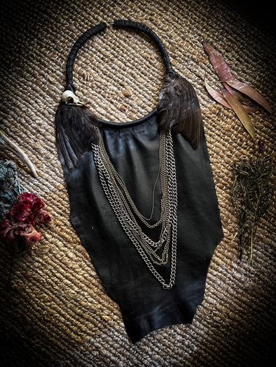 1 Sexy Leather and Chains Bib Necklace Bird Skull Wings Apocalyptic