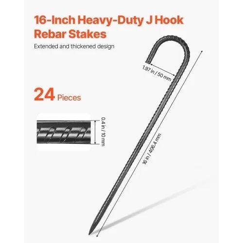 406,4 mm / 16-Inch 24 Pack Rebar Stakes Heavy Duty J Hook Galvanized Ground Anchors