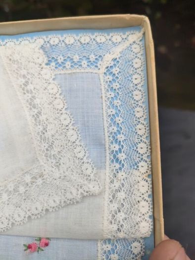 A Pair of Boxed Mid Century Estonia Opal Laced Hankerchiefs