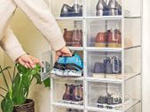Stackable Shoe Storage Boxes Set of 18  shoe boxes, set of 18, storage boxes for shoes, shoe organizers, plastic boxes, foldable and stackable, for shoes up to size 44, transparent white