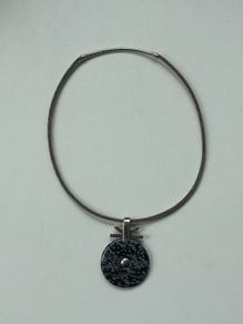 Vintage Modernist Sterling Silver Snowflake Obsidian Disk Pendant Necklace 925
