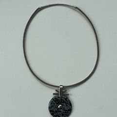 Vintage Modernist Sterling Silver Snowflake Obsidian Disk Pendant Necklace 925