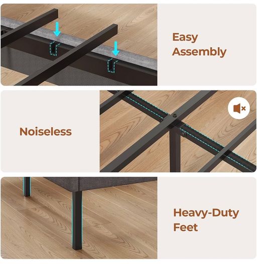 King Size Bed Frame 150x200 with Storage Upholstered Bed Frame with LED Lights & Charging Station Upholstered Storage Headboard/Under Bed Storage Noise Free