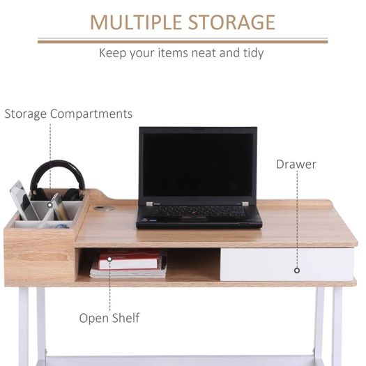 Computer Desk Compact Writing Desk with Drawer, Storage Compartments and Cable Management for Home Office and Study, Oak and White