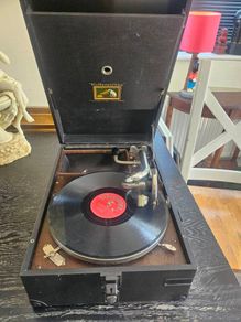 Vintage His Master's Voice portable gramophone,