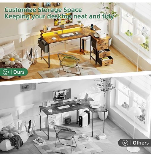 Corner Desk with 4 Drawers, L Shaped Computer Desk with LED Lights & Power Outlets, 160x80cm Reversible Home Office Workstation with Monitor Stand, Writing Desk with PC Stand, Vintage