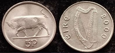 [#2088] - Ireland 2000 | Irish 5 Pence | Bull | KM.28 | UNC