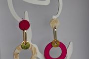 Fuchsia Pink Marbled Cream Asymmetrical Geometric Earrings