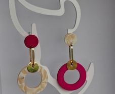 Fuchsia Pink Marbled Cream Asymmetrical Geometric Earrings