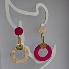 Fuchsia Pink Marbled Cream Asymmetrical Geometric Earrings