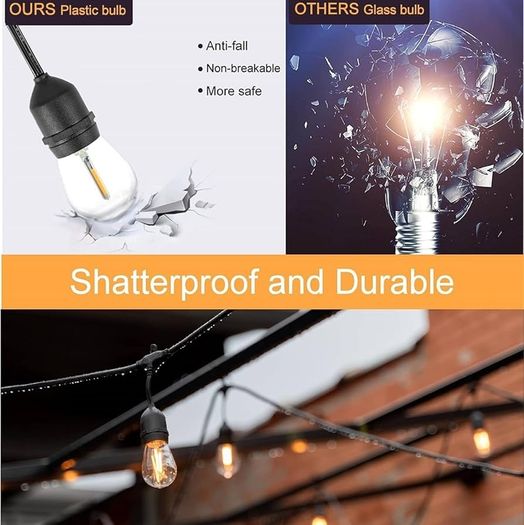 Outdoor String Lights Mains Powered LED, 50FT S14 Waterproof IP65 Festoon Lights Outdoor with 15+1 Plastic Bulbs, Heavy Duty Garden Lights for Indoor Backyard Patio Pergola, 2700K