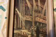 painting This is a striking dramatic artwork depicting a stage performance or lecture scene inside a classic, ornate theatre or opera house.