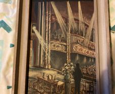 painting This is a striking dramatic artwork depicting a stage performance or lecture scene inside a classic, ornate theatre or opera house.
