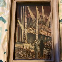 painting This is a striking dramatic artwork depicting a stage performance or lecture scene inside a classic, ornate theatre or opera house.