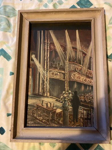painting This is a striking dramatic artwork depicting a stage performance or lecture scene inside a classic, ornate theatre or opera house.