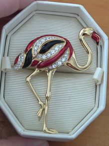 Vintage Enamel Flamingo Gold Tone Brooch