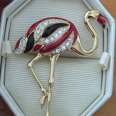 Vintage Enamel Flamingo Gold Tone Brooch