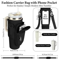 Water Bottle Carrier Bag Holder, Adjustable Strap & Phone Pocket, Stanley Cup, Fits Stanley Quencher 40 oz Tumbler
