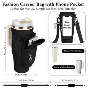 Water Bottle Carrier Bag Holder, Adjustable Strap & Phone Pocket, Stanley Cup, Fits Stanley Quencher 40 oz Tumbler